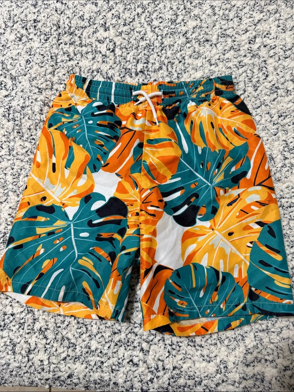 Kids Tropical Leaf Swim Trunks - Teal & Orange